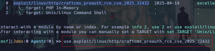 Selección y activación del módulo del exploit
